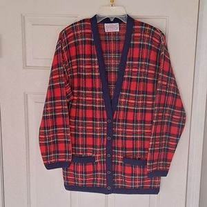Pendleton Vintage Virgin wool Plaid Red Navy Classic Cardigan Sweater. Sz M Pet